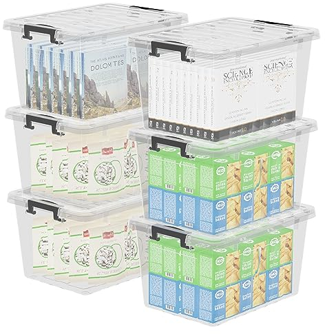 Cetomo Aufbewahrungsbox, 15 l x 6 Stück, mit Klickverschluss und Deckel, stapelbar, transparenter Organizer, 6er-set