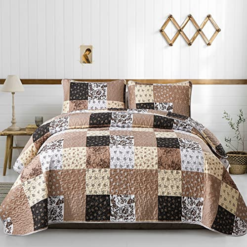 Mybedsoul Juego de Colcha con diseño de Retazos, tamaño King, 3 Piezas, Cuadros Marrones y Flores, Reversible, Microfibra Suave para Todo el año, 229 x 264 cm, Caqui