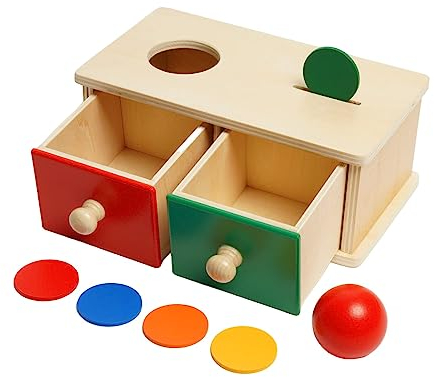 Siairo 2-in-1 Montessori Holzbox mit Münze und Kugel, 2 Schubladen, Holzmünzbox mit 5 Münzen und Permanenzbox mit 1 Ball, Vorschule, Lernspielzeug für Kleinkinder, Jungen, Mädchen