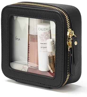 Mini Clear Black Makeup Bag - Cute Square Cosmetic Pouch for Travel with Zipper - For Women & Girls