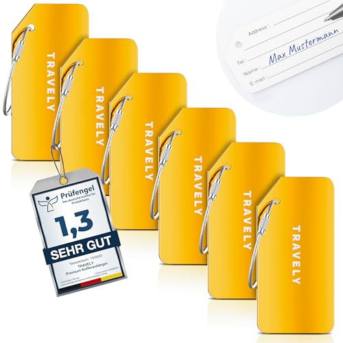 Travely Premium Kofferanhänger - leicht Erkennbar, Robust & Sicher - inkl. Namensschild und Privatsphäre Schutz I Vielseitig und Praktische Adressanhänger, Namensanhänger & Gepäckanhänger