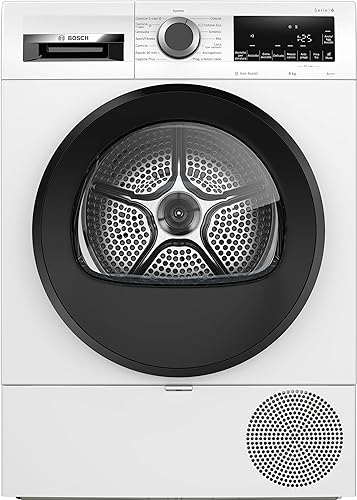 Bosch WQG233C0IT Serie 6, Asciugatrice a pompa di calore, 8 kg, Classe energetica C, Filtro semplice da pulire, Riduce le pieghe, Sensori di asciugatura intelligenti, Cestello Lana, Bianco, 60 cm.