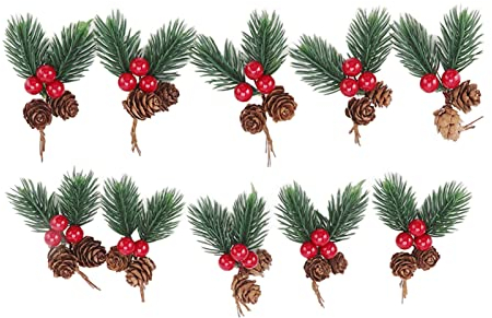 10 Stück Weihnachtsspieße, Tannenzapfen, Rote Beerennadeln, Künstliche Tannenspieße, Rote Beerenspieße, Kleine Beeren, Tannenzapfen für Blumenarrangements, Kränze, Hochzeiten, Garten, Weihnachtsbaumsc