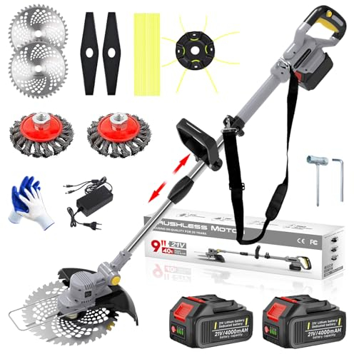Tagliabordi a Batteria 21V, Decespugliatore a Batteria 4 in 1, con 2 Batterie 4,0 Ah, Maniglia Telescopica, Testa Girevole 90°, 2 Spazzola per Erbacce, 20 Taglio Linee, 4 Lame in Lega, per Potatura