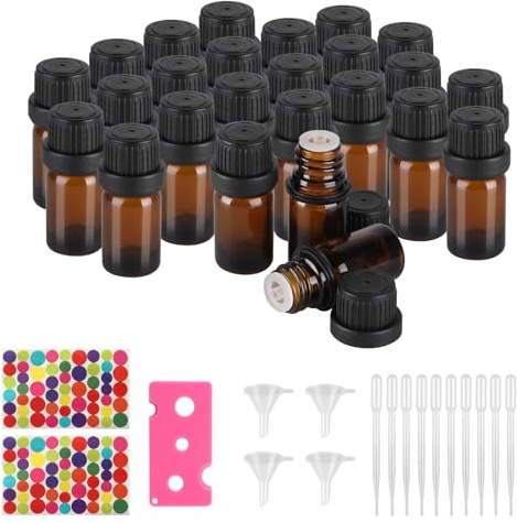CPROSP 25 st 5 ml bärnstensglasflaska, eteriska oljeflaskor för fyllning, glasflaska med droppe; bärnsten glas Essential oljeflaska med skruvlock
