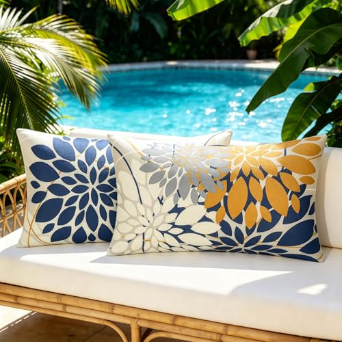 Housses de Coussin 30x50 CM Exterieur Imperméable Bleu Jaune Housse de Coussin Housse Coussin Dahlia Taie Oreiller en Polyester Lin pour Salon Patio Jardin Canapé Coussin Decoration Lot de 2