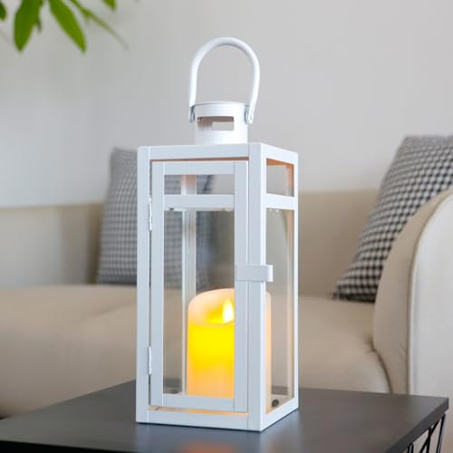 TRIROCKS Lanterne Décorative 30 cm Haut, Porte-Bougie Métallique avec Verre Clair, Porte-Bougie pour Décor Maison, Salon, Tablette, Intérieur/Extérieur, Mariage (Blanc Mat)