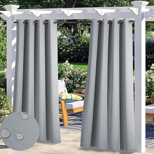 FicaRico Wasserdicht Outdoor Vorhänge für Pavillon, Hitzeschutz Blickdicht Gardinen für Schlafzimmer, Sonnenschutz Datenschutz Outdoor Vorhang mit Ösen, 1 Stück, Grau, B264xH183cm