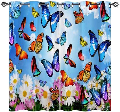 ANHOPE Bunte Schmetterling Blume Blickdichte Gardinen mit Ösen Thermo Vorhänge Blackout Curtain Kinder Mädchen Verdunklungsvorhänge Wohnzimmer Schlafzimmer Vorhang 2er Set H 175 x B 140 cm