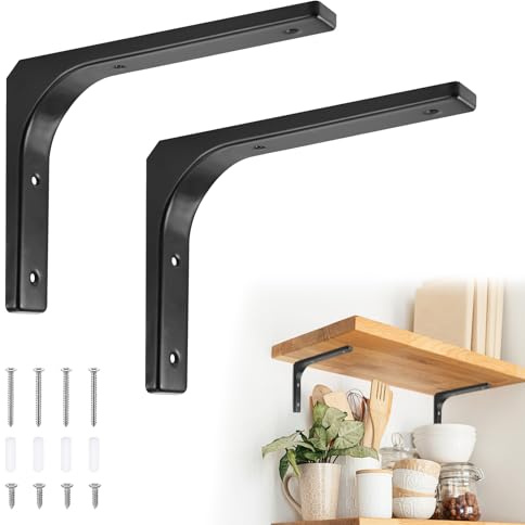 JIZZU 2 Pièces Équerres Étagère de Fixation Murale, 200 x 150 mm Support d'Angle en Forme de L avec Vis, Flottant de Supports en Métal Charge Lourde pour Salon Chambre, Noir