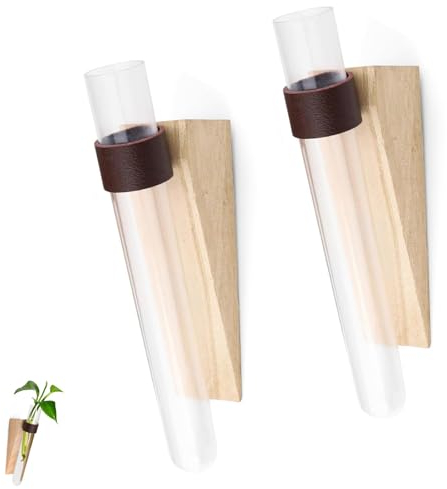 WJUAN 2 Stück Propagation Station, Kunststoff und Holz, Reagenzgläser für Blumen, Schön und Leicht, Kein Bohren Von Löchern Nötig, Blumenröhrchen, Geeignet für Schlafzimmer, Balkone, Fenster