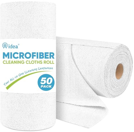 AIDEA Microfiber Cleaning Cloth Roll, White 50PK, Tear Away Reusable Paper Towels, Commercial Shop Rags, Microfiber Towels for Cars, Lint Free Rags for House, Kitchen, Automotive, 11.5×11.5