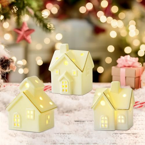 Nexoria Weihnachtsdeko Lichthäuser, Weihnachtshäuser Keramik Lichthaus Weiss Weihnachtsdorf mit Beleuchtung LED Lichthaus Weihnachten Deko Lichthaus Nachtlicht Windlicht Haus Weihnachtshäuser (A)
