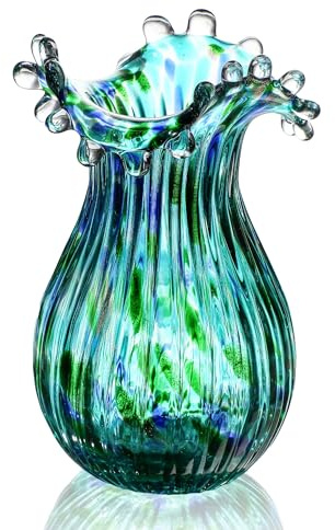 Green Glass Bubble Vase for Flowers, 8.5 Blown Glass Vase for Home Decor, Modern Art Flower Vases Decorative | Table Centerpiece, Olive Plant, Wedding, Living Room, Bookshelf, Office, Entryway