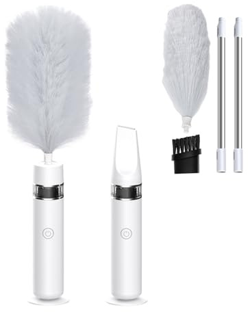 RTBXCOND 3 in 1 Spolverino Elettrico aspirapolvere auto, Spolverino Elettrico Ricaricabile 360° Rauotabile Duster Spazzole per Pulire con prolunghe per casa, ufficio, Auto (Bianco)
