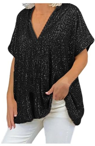 2025 Damen-T-Shirt mit V-Ausschnitt und Pailletten: Kurzärmliges, locker sitzendes, lässiges Oberteil im City-Stil Tops Damen Strass (Black, XXXL)