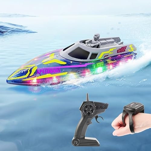 3T6B Barco Teledirigido, 2.4 GHz Barco RC de Carreras con Luces LED y Alarma de Batería Baja, 2 Batería Recargable, 20KM/H Juguete de Piscina para Adultos