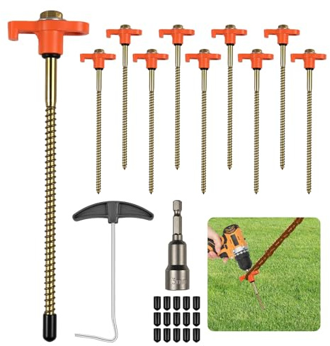 FICOFISE 12 Stück Zeltheringe, Drehbare Zeltheringe mit Gewinde 20,5cm, Heringe Erdnägel Stabil, Schraubheringe, Camping Zubehör mit Nagelzieher Adapter für Akkuschrauber Schraubkappe, für Outdoor