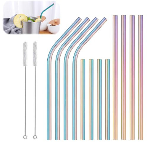 Supecesorio Lot de 12 pailles en métal réutilisables - En acier inoxydable - Avec 2 brosses - Pour fête, smoothies, thé à bulles, café, cocktail, lait, jus, yaourt
