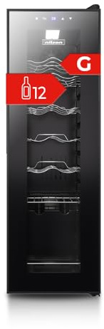 Nilson Vinoteca 12 Botellas Negro, NVN1200S. Cíclica, 44 dB Nivel Sonoro, Zona Única de Temperatura, Pantalla Digital, Luz Interior LED, Puerta Cristal, Apertura Tipo Uñero, Eficiencia Energética G