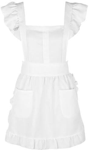 Tucnoeu White Ruffle Retro Apron, Aprons for Women with Pockets, Dress Waitress Costume Kitchen Cooking Baking Cleaning Costume