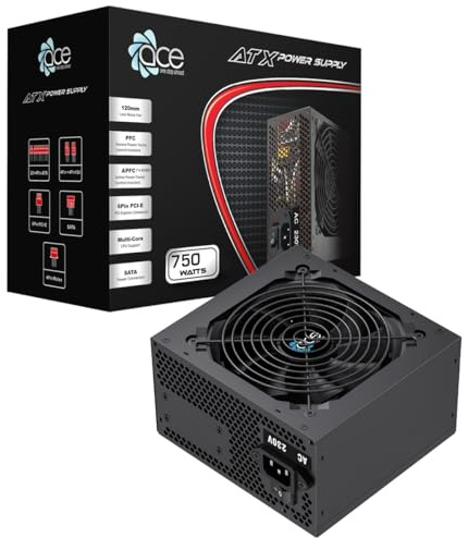 ACE 750W PSU, ATX Power Supply 120mm Quiet Fan, PSU 750W Flat Black Cables | Black 750 watt computer power supply with 37A on the 12V rail, six SATA leads and a quiet 120mm fan rated under 17 dBA