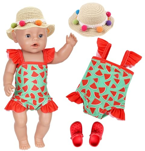 3 st bad- och babydockkläder 35,55–43 cm energisk vattenmelon babydocka kläder baddräkt med 1 baddräkt, 1 solhatt 1 skor, 35–43 cm docktillbehör, för barn (docka ingår inte)