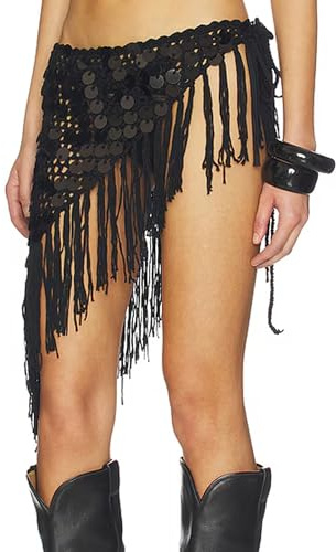 Womens Sexy Crochet Sequin Fringe Cover up Skirt Knitted Cutout Asymmetrical Bikini Cover Ups Swimsuit Wrap Sarong with Tassel (A-black, ONE SIZE)