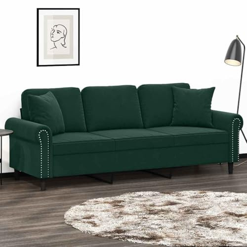 Sinkzol 3-sitsig soffa med prydnadskudde, mörkgrön i sammet, 180 cm, vardagsrum, soffa, komfort-lounge, stabil stoppningsbänk med förvaringsutrymme, modern hörnsoffa, perfekt för gästrum och