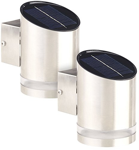 Lunartec Solarlampen: 2er-Set Elegante Solar-LED-Wandleuchte für den Außenbereich, Edelstahl (Hauswand-Beleuchtung Solar, Solarleuchten Wandmontage, Dachrinnenleuchten)