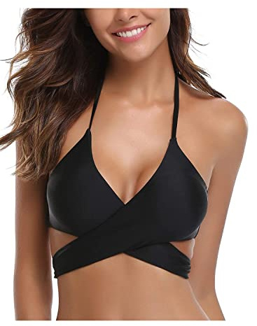 SHEKINI Damen Bademode Rückenfrei Verstellbar Crossover Ties-up Bikinioberteil Push up Triangel Strandkleidung (Large, Bikini Top-Schwarz)