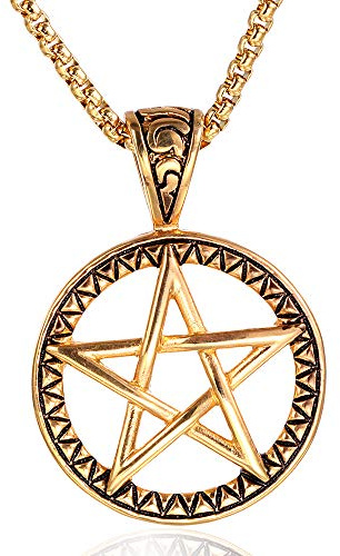 LAFATINA Puissant Pentacle Wicca Sceau Traditionnel Salomon Crescent Moon Noeud Celtique En Acier Inoxydable Pentagram Pendentif Collier pour Homme