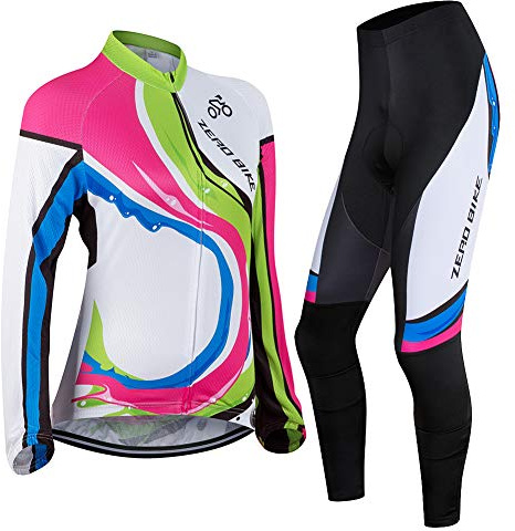 Damen Atmungsaktiv Schnelltrocknend Fahrradtrikot Set, Outdoor Lange Ärmel Radsport-Shirt + 3D Gel Gepolsterte Fahrradhose, XL, 005