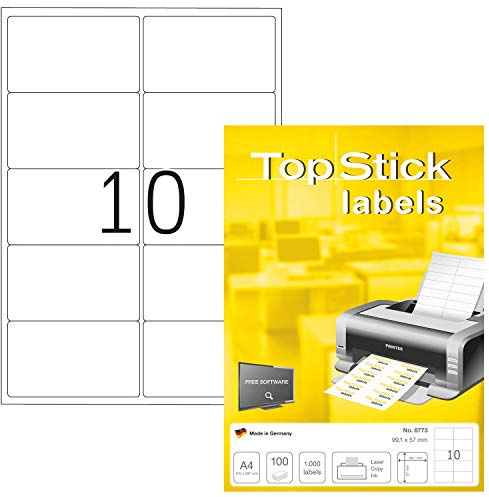 TopStick 8773 Adressetiketten, 1000 Blatt, 99,1 x 57 mm, 10 pro A4 Bogen, 10000 Stück, selbstklebend, bedruckbar, matt, blanko Papier Adressaufkleber Etiketten, weiß