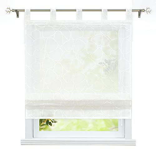 ESLIR Raffrollo mit Schlaufen Raffgardinen Transparent Küche Gardinen Landhaus Schlaufenrollo Leinen Vorhänge Bestickt Weiß BxH 60x140 cm 1 Stück