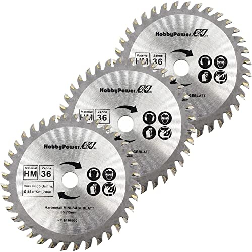 3 Stück HM Sägeblatt Ø 85 x 15 mm 36 Zähne Kreissägeblatt Kreissäge für Holz Kunststoff kompatibel mit 12V 10,8V Bosch, Makita, Handkreissäge