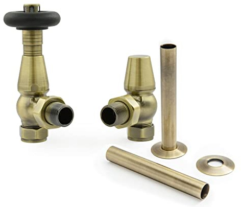Hot Flow Antique Brass Jordan Angled TRV Thermostatic Radiator Valve (Pair) Includes Angled TRV Body, Wheel Head, Lock Shield & Pipe Sleeve for Quick & Easy Temperature Control.