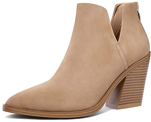 mysoft Women's Ankle Boots Slip on Cutout Pointed Toe Chunky Stacked Mid Heel Booties A18-22D-WLAX0407-8M