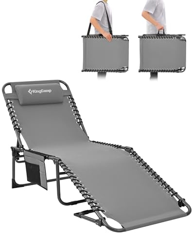 KingCamp Campingstol, solstol, trädgårdsstol, hopfällbar, justerbart ryggstöd i 4 steg, liggstol, trädgårdsstol, strandstol, camping, hopfällbar säng med kudde för trädgård, semester, utomhus, strand