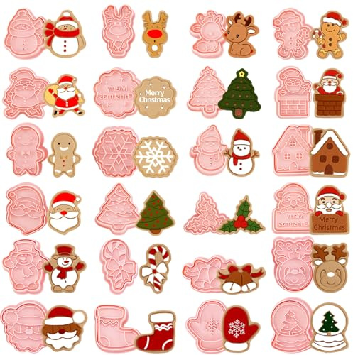24 Pieces Christmas Cookie Stamps Gingerbread Cookie Cutters Xmas Embossing Santa Claus Elk Snowman Shapes 3D Plastic Cookie Molds for Baking Holiday Party Supplies
