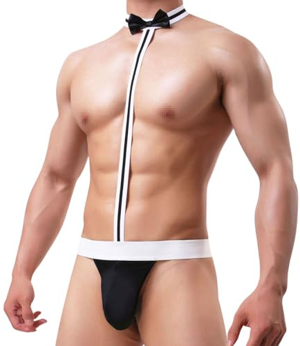 Men's Sexy Waiter Cosplay Costume Bodysuit with Bow Tie Pouch Thong Underwear Mankini Jockstrap Beach Swimwear Outfit Suspender Leotard Butler Stretch Jumpsuit for Halloween Carnival Party (Black)