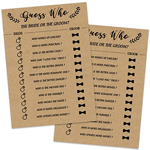 Brautdusche-Spiel, Raten Sie, wer die Braut oder den Bräutigam Spielkarten für Hochzeit, 30 Hochzeits-Brautparty-Spielkarten-Ideen für werdende Paare, lustige Aktivitäten, Kartenspiel