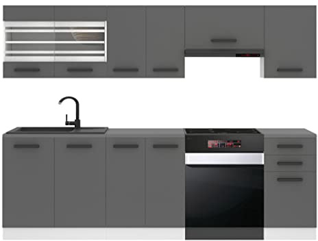 Belini Küchenzeile Küchenblock Lily - Küchenmöbel 240 cm Einbauküche Vollausstattung ohne Elektrogeräten mit Hängeschränke und Unterschränke, ohne Arbeitsplatten, Silber matt
