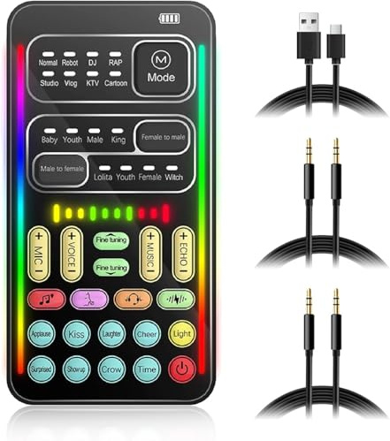 Voice Changer, 8 Modes Live Sound Card, Cool Lights Sound Board, Voice Disguiser oder Modulator für Handy, Computer, Tablet, für für Android und Andere