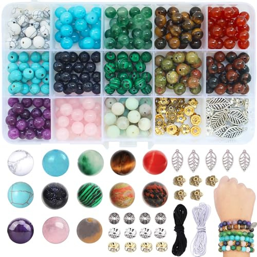 BLAESIFF 8mm Natürliche Edelstein Perlen zum Auffädeln, Armbänder Selber Machen Kit mit Anhänger Zubehör für Halsketten Basteln & Schmuckherstellung