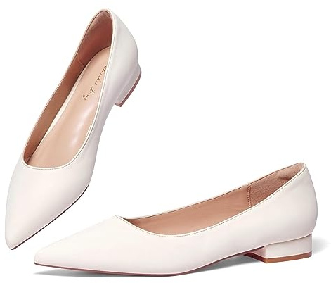 Zhabtuc Flache Ballerinas für Damen Schuh mit Spitzer Zehenpartie Elegante Slip-on Schuhe mit Niedriger Absatz Hochzeitsschuhe Arbeitsschuhe Business-Schuhe, Weiß, 42 EU