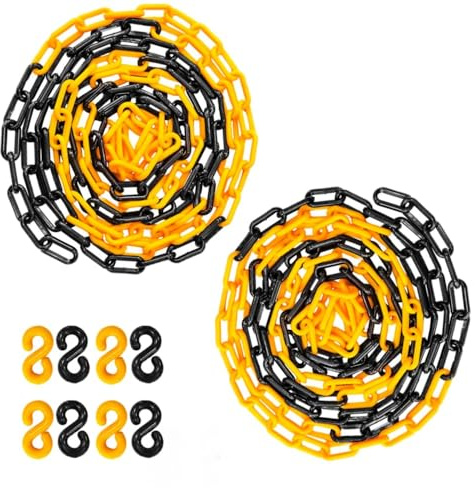 Berry 10 Meter 8MM Plastic Chain - Yellow and Black, Plastic Barrier Chain with 4 Connectable Hooks, Safety Chain for Crowd Control, Construction Sites, Driveway, Garden - Set of 2
