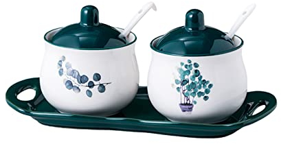 Barattolo in ceramica per zucchero, saliera per zucchero, zuccheriera nordica con coperchio, barattolo di stoccaggio con motivo pianta verde, barattolo per spezie in porcellana da 200 ml, saliera, per