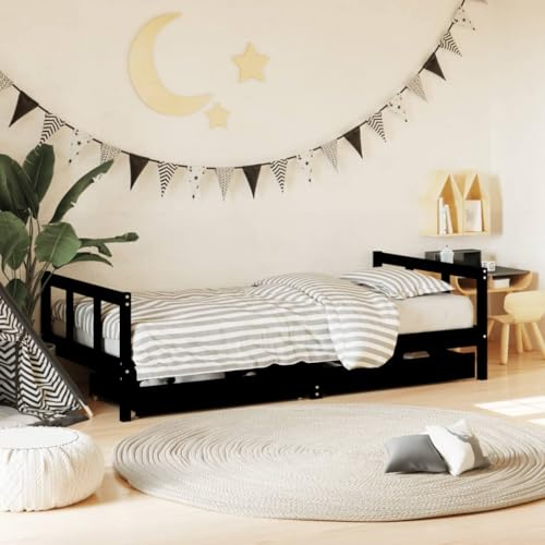 Festnight Kinderbett mit Schubladen Hausbett 90x190cm, Holzbett mit Lattenrost & Rausfallschutz für Kinder und Jugend, Schwarz ohne Matraze