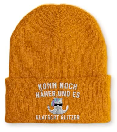 Strickmütze Komm noch näher und es klatscht Glitzer Mütze Wintermütze lustige Beanie mit Stick, Farbe: Mustard